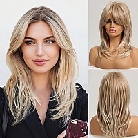 Pattnium Blonde Wig With Bangs Mixed Blonde Wig For Women Shoulder Length Long Layered Heat Resistant Synthetic Wig With Wig Cap