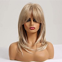 Pattnium Blonde Wig With Bangs Mixed Blonde Wig For Women Shoulder Length Long Layered Heat Resistant Synthetic Wig With Wig Cap