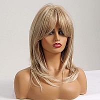 Pattnium Blonde Wig With Bangs Mixed Blonde Wig For Women Shoulder Length Long Layered Heat Resistant Synthetic Wig With Wig Cap