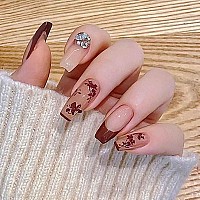 Rikview French Tip Press On Nails Long Acrylic Nails Red Coffin Acrylic Nails With Fall Design Full Cover Nails 24 Pcsset