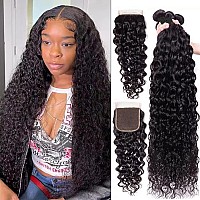 Water Wave Bundles With Closure Brazilian Virgin Human Hair26 28 3022Free Part Bundles With 4X4 Lace Closure 100 Unprocesse