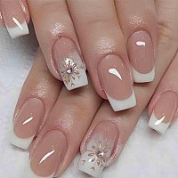 Foccna Nude Fake Nails Tips Square French Press On Nails Rhinestone Womens White False Nails Medium Length Glossy Daily Wear Ar