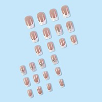 Foccna Nude Fake Nails Tips Square French Press On Nails Rhinestone Womens White False Nails Medium Length Glossy Daily Wear Ar