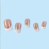 Foccna Nude Fake Nails Tips Square French Press On Nails Rhinestone Womens White False Nails Medium Length Glossy Daily Wear Ar