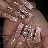 Foccna Long Press On Nails Pink Square French Fake Nails Full Cover Bling Acrylic False Rhinestone Nails Love Design Nails For W