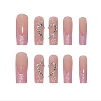 Foccna Long Press On Nails Pink Square French Fake Nails Full Cover Bling Acrylic False Rhinestone Nails Love Design Nails For W