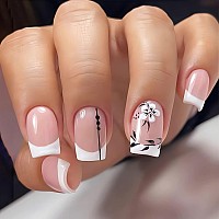 Rtkhfze Square Press On Nails Short Fake Nails French Tip Glue On Nails White Flower Design False Nails Glossy Nude Stick On Nai