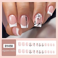 Rtkhfze Square Press On Nails Short Fake Nails French Tip Glue On Nails White Flower Design False Nails Glossy Nude Stick On Nai