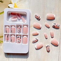 Rtkhfze Square Press On Nails Short Fake Nails French Tip Glue On Nails White Flower Design False Nails Glossy Nude Stick On Nai