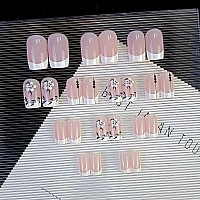 Rtkhfze Square Press On Nails Short Fake Nails French Tip Glue On Nails White Flower Design False Nails Glossy Nude Stick On Nai