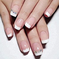 Rtkhfze Press On Nails Short French Tips Fake Nails With Rhinestone Designs Glossy Nude White Stick On Nails Full Cover False Na