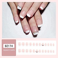 Rtkhfze Press On Nails Short French Tips Fake Nails With Rhinestone Designs Glossy Nude White Stick On Nails Full Cover False Na