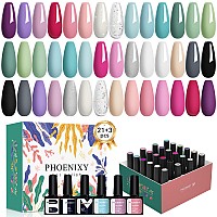 Phoenixy Gel Nail Polish 21 Colors Gel Nail Polish Set With Base Coat Glossy Matte Top Coat Pink Red Blue Green Gray Black Glit