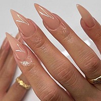 Votacos Press On Nails Long Stiletto Nude Fake Nails False Nails With Pure Transparent Glossy Stick On Nails For Women