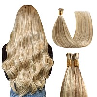 Sunya Blonde I Tip Hair Extensions Human Hair 16 Inch Ash Blonde Highlighted Bleach Blonde Pre Bonded I Tip Hair Extensions Fusi