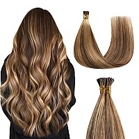 Sunya I Tip Hair Extensions Human Hair 14 Inch Dark Brown Highlight Caramel Blonde Pre Bonded I Tip Hair Extensions Fusion Brown