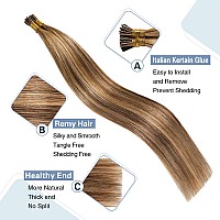 Sunya I Tip Hair Extensions Human Hair 14 Inch Dark Brown Highlight Caramel Blonde Pre Bonded I Tip Hair Extensions Fusion Brown