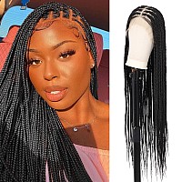 Fecihor 36 Inch 13X8 Hd Lace Front Knotless Braided Wigs For Women Box Braid Wig With Baby Hair Human Hair Blended Lace Black Br