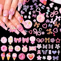 330 Pcs Pink Cute Assorted Nail Charms Multi Shapes Pink Heart Bow Flower Pearls Nail Charms Acrylic Pink Candy 3D Donut Ice Cr