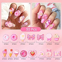 330 Pcs Pink Cute Assorted Nail Charms Multi Shapes Pink Heart Bow Flower Pearls Nail Charms Acrylic Pink Candy 3D Donut Ice Cr