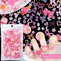 330 Pcs Pink Cute Assorted Nail Charms Multi Shapes Pink Heart Bow Flower Pearls Nail Charms Acrylic Pink Candy 3D Donut Ice Cr