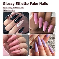 Addfavor 576Pcs Long Stiletto Press On Nails 24 Solid Colors Glossy Full Cover Fake Nails Acrylic Artificial False Nail Tips 12