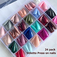 Addfavor 576Pcs Long Stiletto Press On Nails 24 Solid Colors Glossy Full Cover Fake Nails Acrylic Artificial False Nail Tips 12