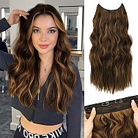 Morica Invisible Wire Hair Extensions 20 Inch Mixed Brown Long Wavy Synthetic Hairpiece With Transparent Wire Adjustable Size