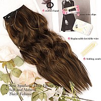 Morica Invisible Wire Hair Extensions 20 Inch Mixed Brown Long Wavy Synthetic Hairpiece With Transparent Wire Adjustable Size