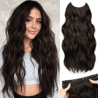 Morica Invisible Wire Hair Extensions 20 Inch Brown Black Long Wavy Synthetic Hairpiece With Transparent Wire Adjustable Size