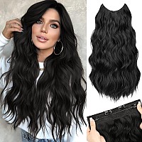 Morica Invisible Wire Hair Extensions 20 Inch Natural Black Long Wavy Synthetic Hairpiece With Transparent Wire Adjustable Siz