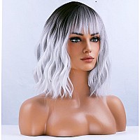 Beron Silver White Short Wigs For Women Ombre Grey Curly Wavy Bob Wig With Bangs Dark Roots Hair Wigs 12 Womens Synthetic Wig