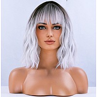 Beron Silver White Short Wigs For Women Ombre Grey Curly Wavy Bob Wig With Bangs Dark Roots Hair Wigs 12 Womens Synthetic Wig