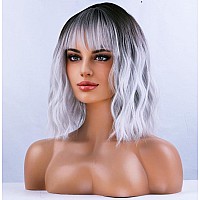 Beron Silver White Short Wigs For Women Ombre Grey Curly Wavy Bob Wig With Bangs Dark Roots Hair Wigs 12 Womens Synthetic Wig