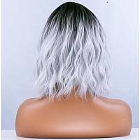 Beron Silver White Short Wigs For Women Ombre Grey Curly Wavy Bob Wig With Bangs Dark Roots Hair Wigs 12 Womens Synthetic Wig