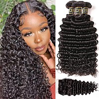 Qthair 14A Brazilian Deep Wave Bundles With Transparent Hd Lace Closure 4X4 Lace 100 Unprocessed Brazilian Deep Wave Human Hair