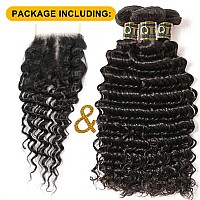 Qthair 14A Brazilian Deep Wave Bundles With Transparent Hd Lace Closure 4X4 Lace 100 Unprocessed Brazilian Deep Wave Human Hair