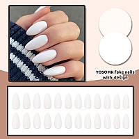 Yosomk White Fake Nails Medium Almond Press On Nails With Design Pure Color Glossy Stick On Nails Acrylic Glue On False Nails Fo