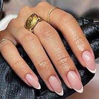 Yosomk French Tip Press On Nails Medium Almond Fake Nails With Designs Nude Stick On Acrylic Nails Glossy Full Cover False Nails