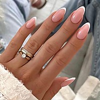 Yosomk French Tip Press On Nails Medium Almond Fake Nails With Designs Nude Stick On Acrylic Nails Glossy Full Cover False Nails