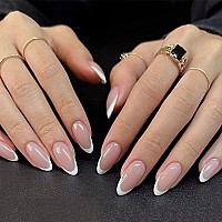 Yosomk French Tip Press On Nails Medium Almond Fake Nails With Designs Nude Stick On Acrylic Nails Glossy Full Cover False Nails