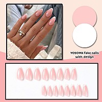 Yosomk French Tip Press On Nails Medium Almond Fake Nails With Designs Nude Stick On Acrylic Nails Glossy Full Cover False Nails