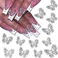 Rodaky 3D Alloy Butterfly Nail Art Charms 12Pcs Silver Butterflies Nail Decoration With Gems And Rhinestones For Nail Crystals D