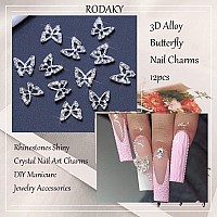 Rodaky 3D Alloy Butterfly Nail Art Charms 12Pcs Silver Butterflies Nail Decoration With Gems And Rhinestones For Nail Crystals D