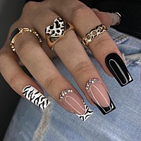 Mervf Coffin Press On Nails Medium Fake Nails Black French Tip Ballerina Glue On Nails With Animal Print Designs 24Pcs Glossy Ac