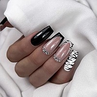 Mervf Coffin Press On Nails Medium Fake Nails Black French Tip Ballerina Glue On Nails With Animal Print Designs 24Pcs Glossy Ac