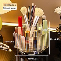 Linfidite 360Rotating Makeup Brush Holder Cosmetic Display Case Clear Makeup Lip Gloss Organizer Case With 5 Slots Round Turntab