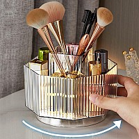 Linfidite 360Rotating Makeup Brush Holder Cosmetic Display Case Clear Makeup Lip Gloss Organizer Case With 5 Slots Round Turntab