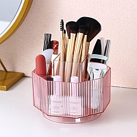 Linfidite 360Rotating Makeup Brush Holder Cosmetic Display Case Clear Makeup Lip Gloss Organizer Case With 5 Slots Round Turntab