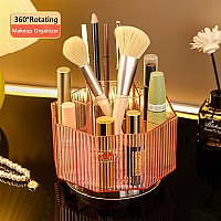 Linfidite 360Rotating Makeup Brush Holder Cosmetic Display Case Clear Makeup Lip Gloss Organizer Case With 5 Slots Round Turntab